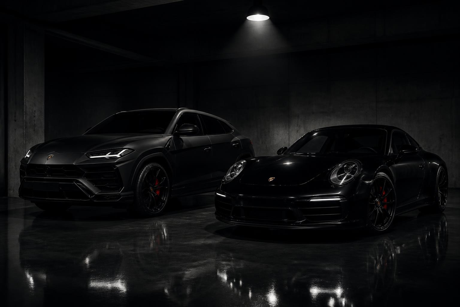 Luxury black supercars in a private garage